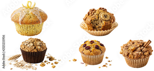 Canvas Print A varied assortment of bakery muffins featuring sweet, fruity, chocolate, and savory flavors on a clean white background
