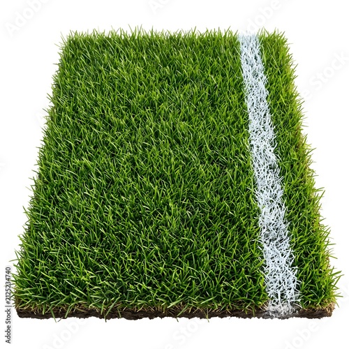 A rectangular piece of green artificial grass turf featuring a straight white painted line for sports field marking isolated on white background