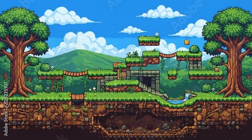 Pixel art platformer game level design with lush forest landscape