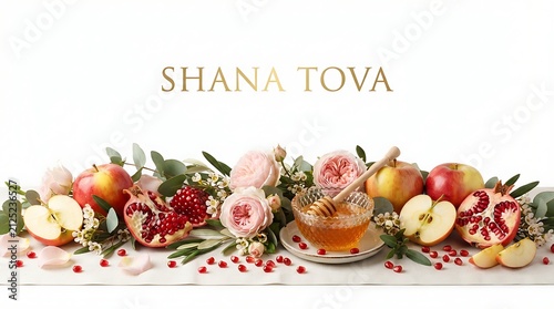 Shana tova greeting card with apples, pomegranates, roses and honey isolated on white background