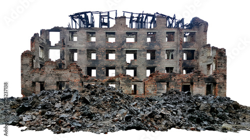 Картината върху платно Ruined brick building with debris pile, isolated on transparent background
