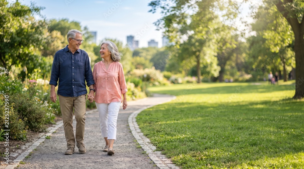 Fototapeta premium Senior couple walking together in a sunny park.