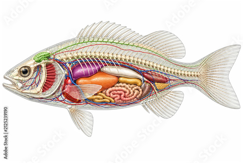 Fish anatomy diagram. Detailed internal organs and skeletal structure of a bony fish