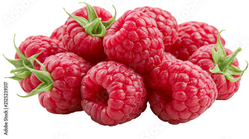 Pile of ripe red raspberries with green stems, isolated on transparent background