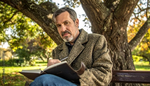 Man in tweed coat writing in journal on park bench under autumn tree