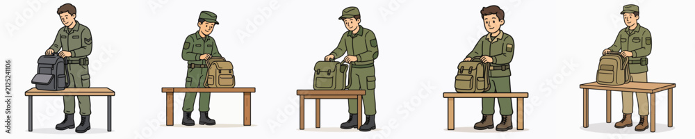 Obraz premium Set of vector illustrations of soldiers checking backpacks.