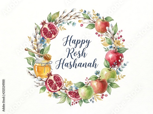 Watercolor rosh hashanah wreath with apples, pomegranates, and honey jar isolated on white background