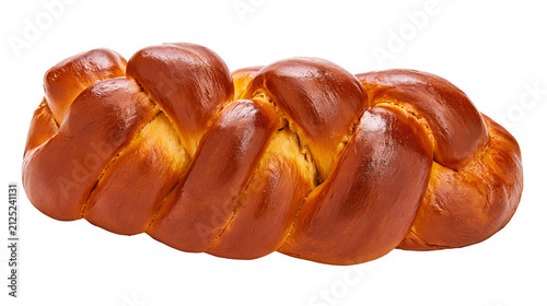 Golden brown braided challah bread loaf, isolated on transparent background