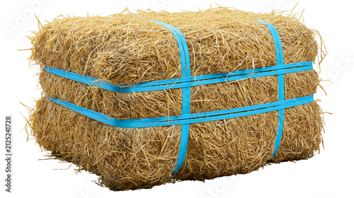 Obraz na płótnie Rectangular bale of dry golden hay tied with blue straps, isolated on transparen