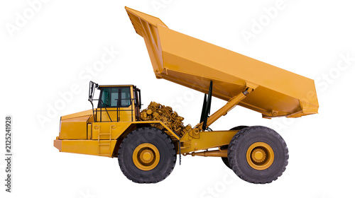 Foto Yellow articulated dump truck with raised bed carrying debris, isolated on trans