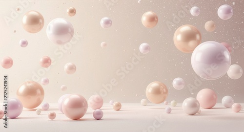 Abstract background with 3D glossy pastel spheres floating in a dreamy soft pink space, delicate pearls and bokeh lights creating an elegant aesthetic background for product display.
