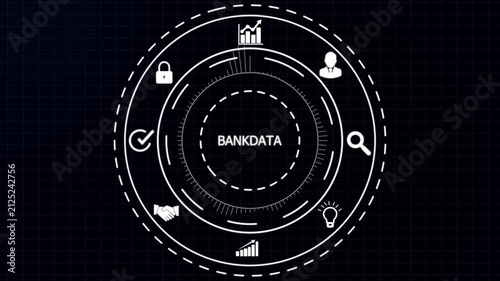 Digital HUD interface with the text BANK DATA at its core, encircled by white of financial services and data metrics against a dark grid pattern.4K animation motion graphic Video.