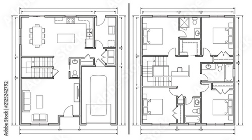 A detailed architectural floor plan displaying the layout and dimensions for two levels of a residential house design