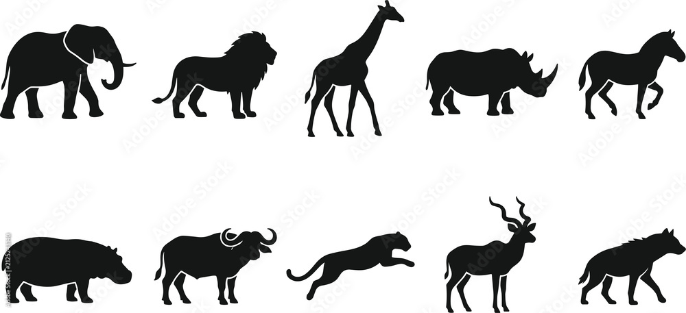 Fototapeta premium African animal silhouette icons line art, wildlife artwork illustration, safari design graphics, nature sketch outline artwork