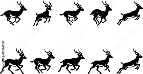 Antelope running silhouette icons line art, gazelle leaping artwork illustration, wildlife motion design graphics, nature sketch outline artwork