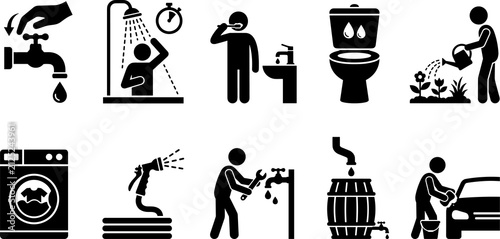 Water conservation icons line art, household activity artwork illustration, eco‑friendly design graphics, sustainability symbol sketch, environment outline artwork