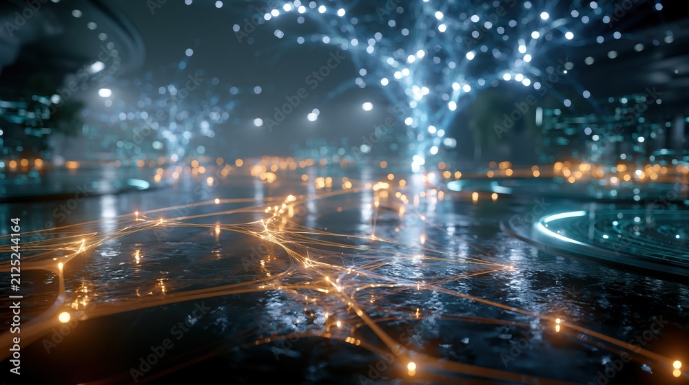 Fototapeta premium City lights reflect on a wet surface at night with glowing lines and illuminated trees in a modern urban setting