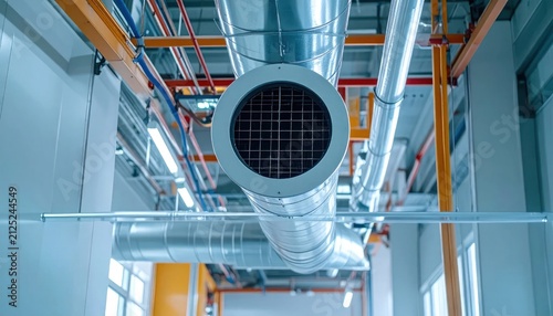 Industrial HVAC ventilation system in modern factory ceiling