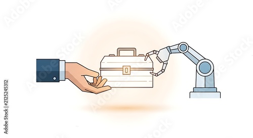 Human hand in dark sleeve and robotic arm jointly holding a locked toolbox. Clean cartoon style illustration showing human and machine collaboration.