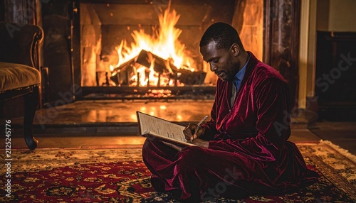 Man in velvet robe writing by fireplace