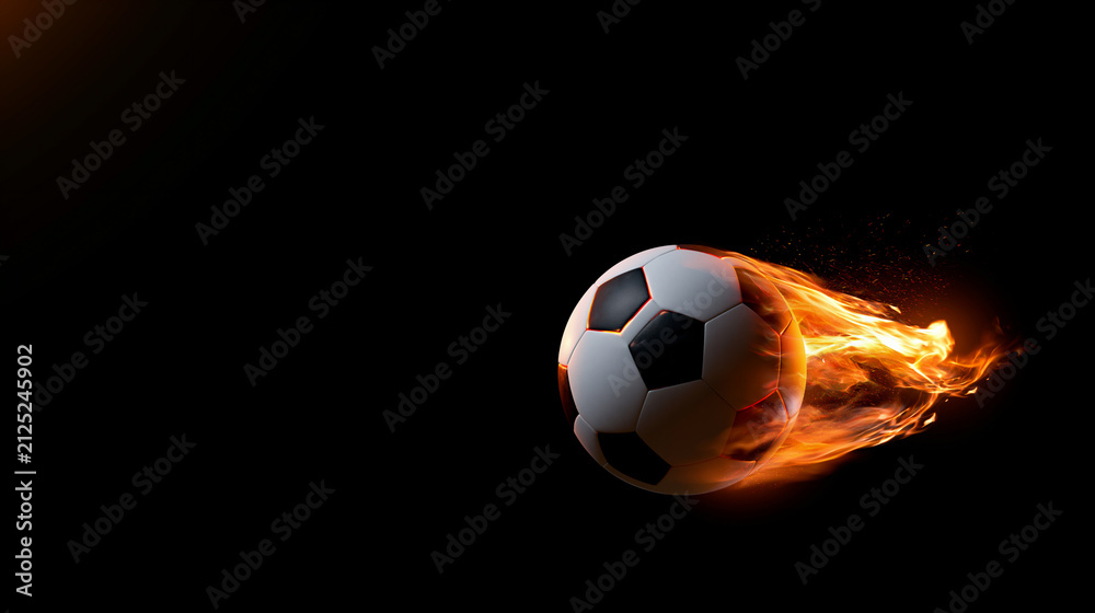 Fototapeta premium flaming soccer ball with fiery trail on black background, blazing football in motion with dramatic fire streak, dynamic soccer ball action with glowing flame trail on dark background