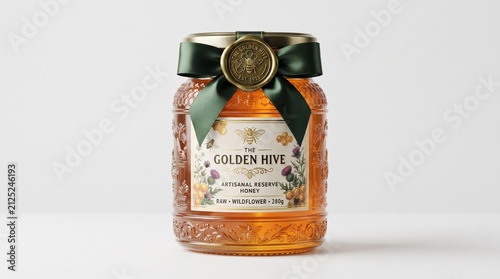 Premium Artisanal Wildflower Honey Jar with Elegant Green Ribbon and Wax Seal Packaging Design for Luxury Organic Food Products