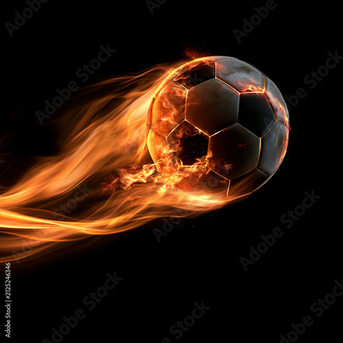 flaming soccer ball with fiery trail on black background, blazing football in motion with dramatic fire streak, dynamic soccer ball action with glowing flame trail on dark background