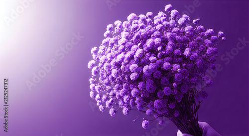 Delicate purple babys breath flowers in a hand against a vibrant purple background