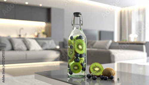 Kiwi and blueberry infused water in glass bottle on table