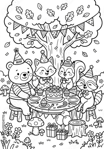 Cute Woodland Animals Party Coloring Page for Kids | Printable Bunny and Raccoon Birthday Picnic Line Art