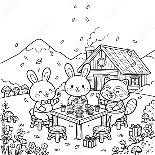 Cute Woodland Animals Party Coloring Page for Kids | Printable Bunny and Raccoon Birthday Picnic Line Art