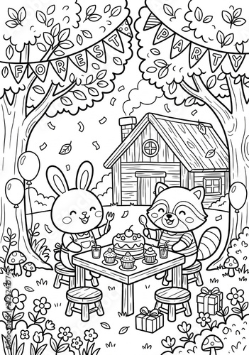 Cute Woodland Animals Party Coloring Page for Kids | Printable Bunny and Raccoon Birthday Picnic Line Art