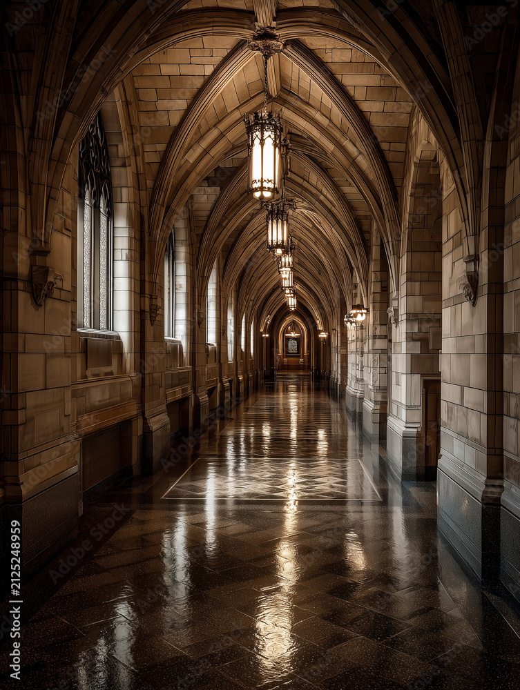 Fototapeta premium Gothic architecture hallway with vaulted ceiling and lanterns