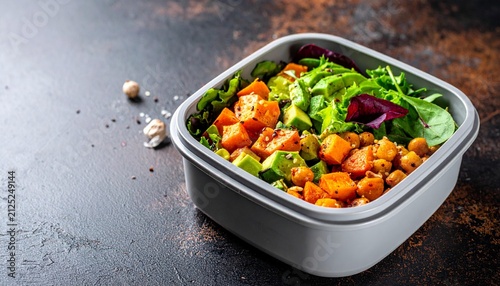 Healthy lunchbox with roasted sweet potato, avocado, and chickpeas