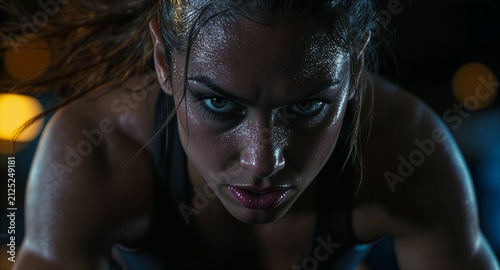 Dramatic close up portrait of an intense sweaty female athlete staring with fierce determination during a high intensity functional fitness workout in a darkly lit gym studio.
