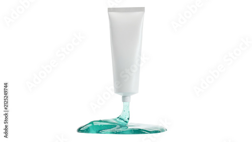 Blank cosmetic tube with blue gel squeezing out creating a realistic liquid spill effect for branding and marketing mockups presented isolated on a white transparent background