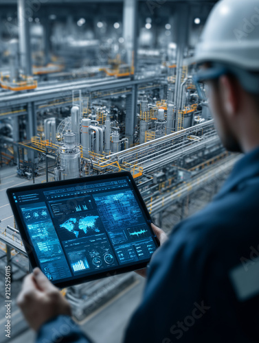 Engineer monitoring industrial smart factory operations using digital tablet