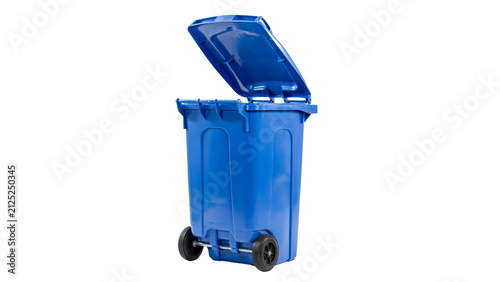 Large blue plastic waste bin with an open lid standing on wheels for efficient garbage disposal and recycling collection services isolated on transparent background