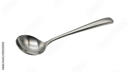 A shiny polished stainless steel kitchen spoon used for eating soup or serving food captured in bright studio lighting isolated as a single item on transparent background