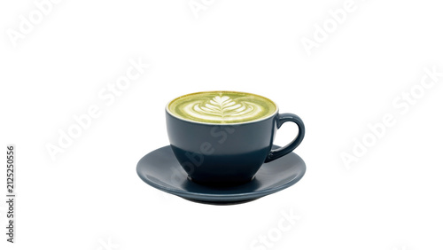 A high angle close up shot of a dark blue ceramic cup filled with creamy matcha green tea latte featuring white foam art on transparent background