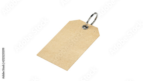 Blank rectangular brown kraft paper gift tag with a shiny metal ring for retail merchandise labeling displayed at an angle isolated on transparent background