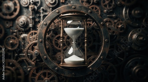 Intricate machinery and clockwork gears surrounding a central hourglass.
