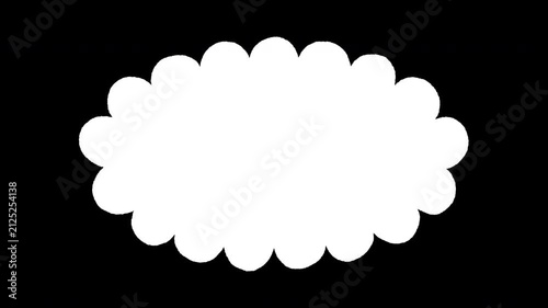 Oval hand drawn empty white vintage scalloped frame, speech bubble or cloud looping animation on black background