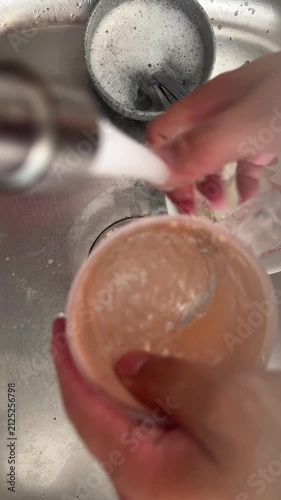 Close up top view of hands washing spoons with soap under running water in a stainless steel kitchen sink, everyday household chore of dishwashing, cleaning cutlery and sink drain, hygiene.