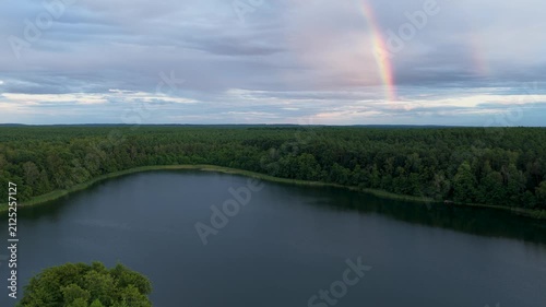Beautiful rainbow over lake in the forest	