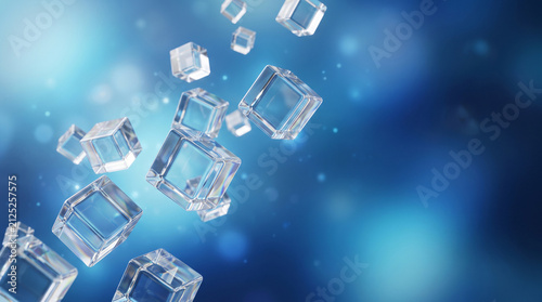 Floating Transparent Glass Cubes on Abstract Blue Technology Background