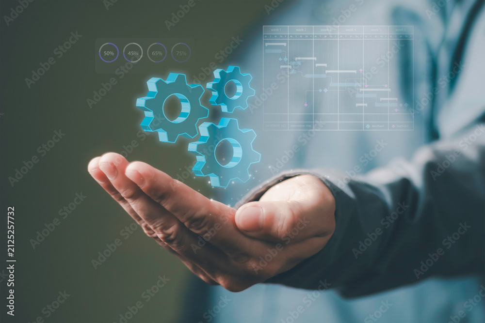 Obraz premium Automation workflow and system integration, gears, connected data nodes, process automation, digital transformation, business workflow management, data synchronization, enterprise system optimization.