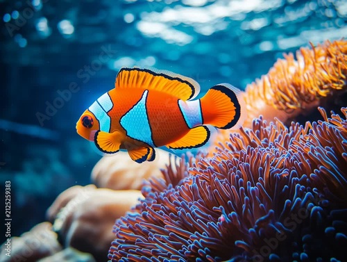 Ocellaris clownfish swimming near colorful sea anemone