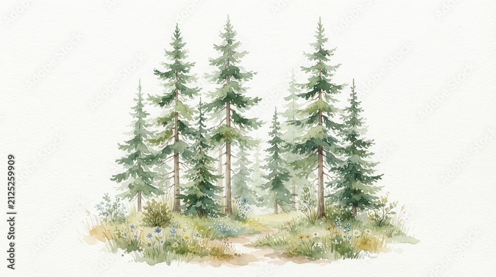 Obraz premium Peaceful forest landscape featuring evergreen trees and grassy area in watercolor style.