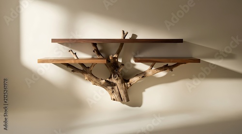 Unique rustic wooden shelf mounted on a wall with natural light.